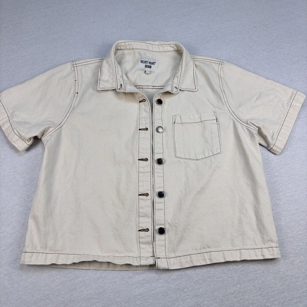 Velvet Heart Denim Shirt L Cream 100% Cotton Short Sleeve Button